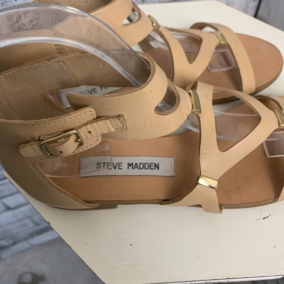 Steve Madden Comma Strappy Flat Tan Leather Sandals - Picture 8 of 9